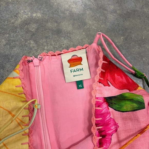 Farm Rio Mixed Garden Dress Floral Patch Linen Midi Sz XS Boho Beachy Wedding - Picture 8 of 14